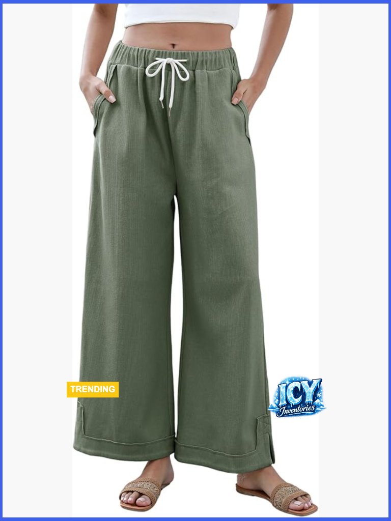 Baggy Wide Leg Palazzo Pants With Pockets Elastic Waist Drawstring Cotton